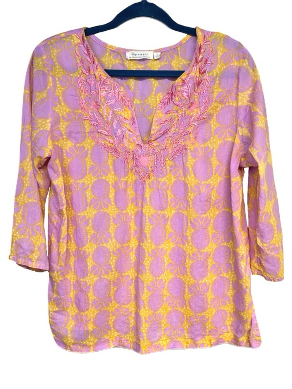 BluThreads by RockFlowerPaper Embroider V Neck Cotton Top Pink Yellow Boho Large